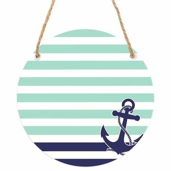 Anchor Aqua Round Front Door Welcome Sign, 5.9 Inch Wall Hanging Decor for Indoor Outdoor, Modern Navy Blue White Striped Nautical Home Porch Hanger Decorations for Holiday Gift