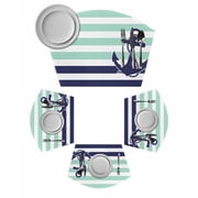 Anchor Aqua Round Table Placemats Set of 2 Wedge Placemats, Modern Navy Blue White Striped Nautical Place Mats for Dining Table Set Washable Mats Kitchen Decor for Indoor Outdoor Wipe Clean