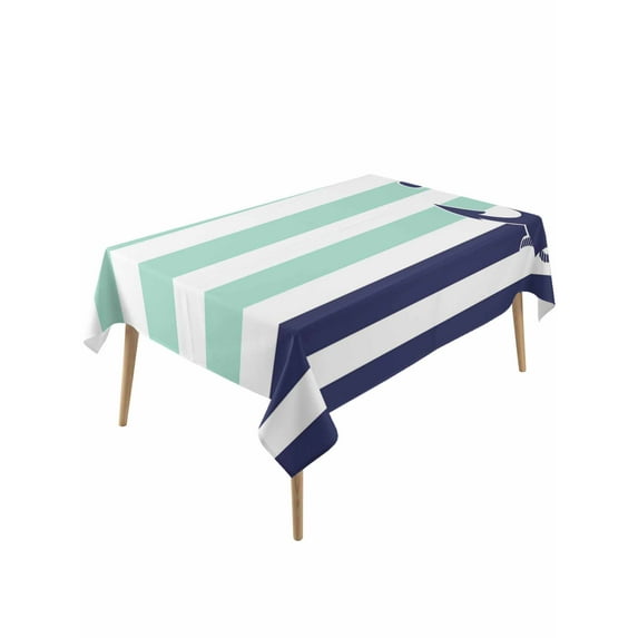 Anchor Aqua Table Cloth, Modern Navy Blue White Striped Nautical Waterproof Tablecloth for Rectangle Tables, Reusable Washable Fabric Table Cover for Restaurant Kitchen Dining Tables 60"x120"