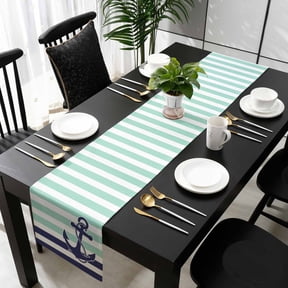 Anchor Aqua Table Runner 36 Inches Small, Modern Navy Blue White Striped Nautical Kitchen Dining Burlap Linen Tablerunner for Small/Round/Square/Wedding/Coffee/Dining Table Party Home Décor 13 x 36