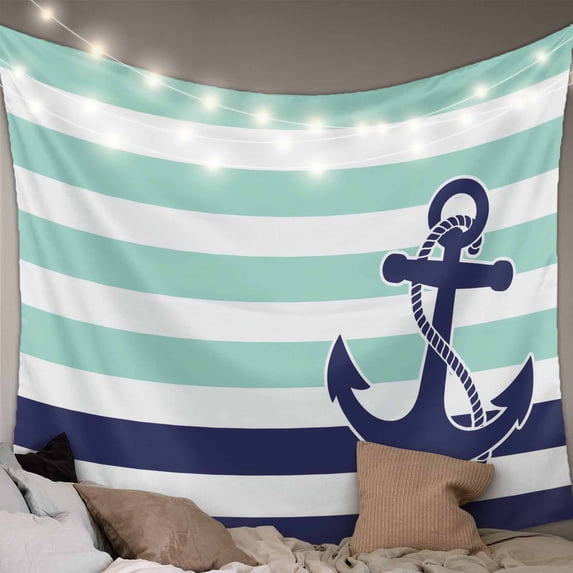 Anchor Aqua Tapestry for Bedroom Wall Hanging Tapestry, Modern Navy Blue White Striped Nautical Ceiling Backdrop Tapestries Poster Blanket Wall Decor for Teens Room Living Room Dorm 59" x 90"
