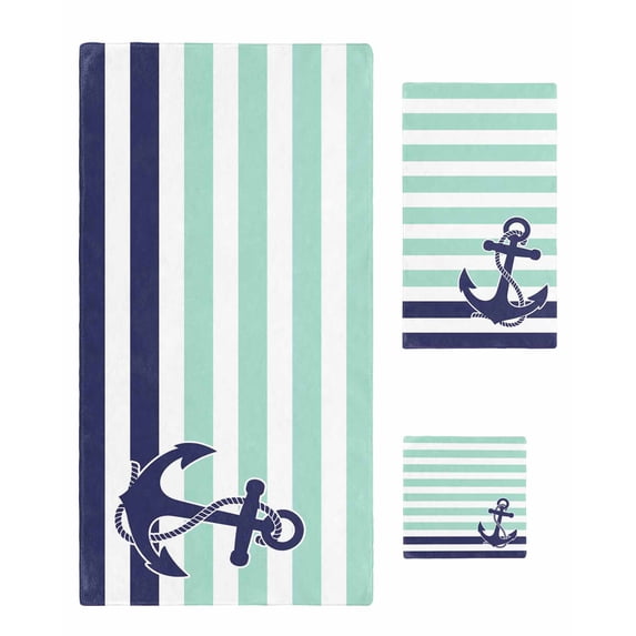 Anchor Aqua Towel Set of 3, Soft Microfiber Bath Towels, Hand Towel, Washcloths, Modern Navy Blue White Striped Nautical Quick-Dry Absorbent Towels for Bathroom Kitchen Hotel Beach Gym Spa
