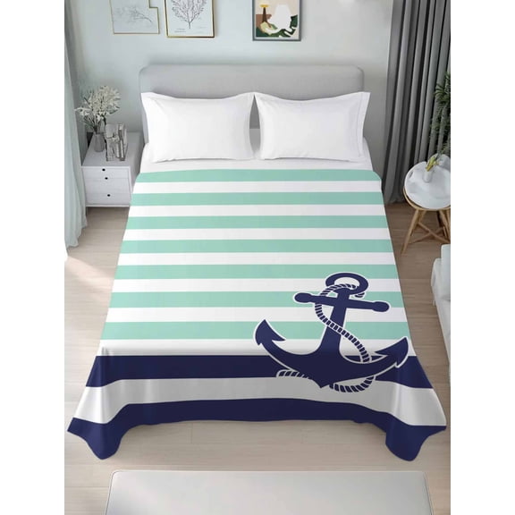 Anchor Aqua Twim Size Flat Sheet, Wrinkleproof & Fadeproof Cooling Flat Bed Sheet Only, Modern Navy Blue White Striped Nautical Breathable Soft Bedding Top Sheets 66 x 96 Inches