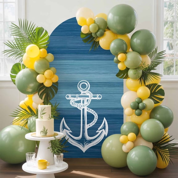 Anchor Arch Backdrop Cover, 6FT, Blue Gradient Lines Ocean Nautical Spandex Arch Covers Double-Sided Backdrop for Wedding Birthday Party Photo Background Decoration