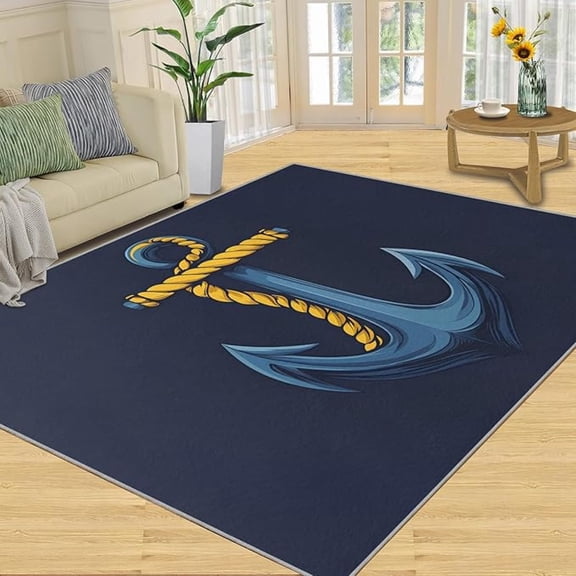 Anchor Area Rug, Modern Blue Rugs for Living Room Bedroom, Sailor Anchor Design Carpet, Washable Stain Resistant Area Rugs, Nautical Anchor Home Decor & Gifts ﻿ 5 x 8ft