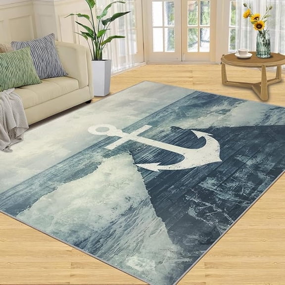 Anchor Area Rug, Nautical Marine Coastal Rugs for Living Room Bedroom, Sailor Anchor Design Carpet, Washable Cozy Anti-Slip Area Rugs, Vintage Nautical Home Decor & Gifts ﻿ 5 x 8ft