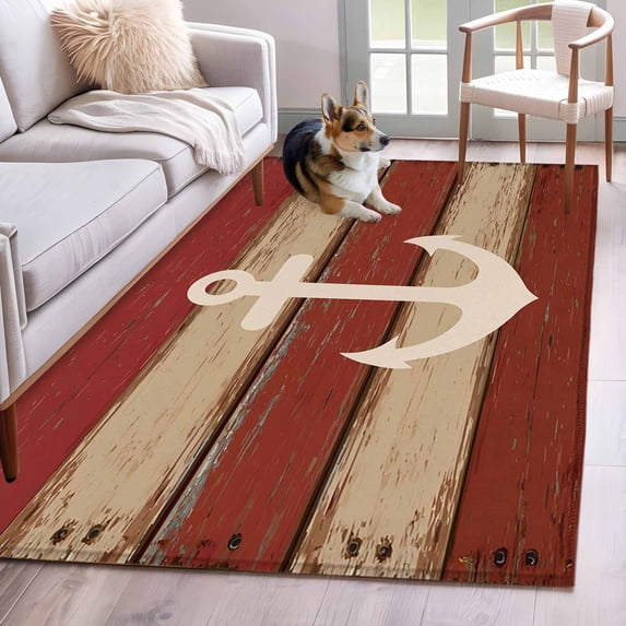 Anchor Area Rugs 4x6 ft Vintage Brown Red Wood Board Nautical Washable Rug Non Slip Indoor Carpet Absorbent Floor Mat for Living Room Bedroom Dining Room