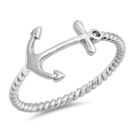Anchor Bali Rope Band Cross Ring .925 Sterling Silver Jewelry Female Male Unisex Size 9