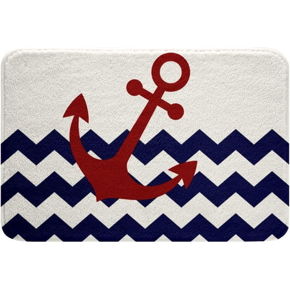 Anchor Bath Mats for Bathroom,Navy Wave Stripes Bathroom Mats Rugs Red Anchor Machine Washable Rug Carpets Floor Mat Bathroom Decorations 16x24 Inches for Kitchen Bedroom Door Mat