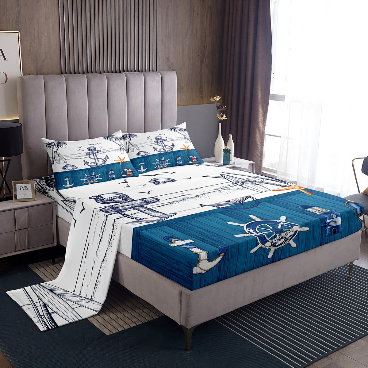 Anchor Bed Sheets Set for Kids Boys Girls,Tropical Palm Ocean Sheet Set