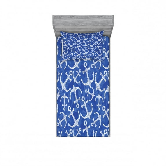 Ambesonne Ocean Fitted Sheet & Pillow Sham Set, Marine Life Equipments, Twin, Azure Blue White