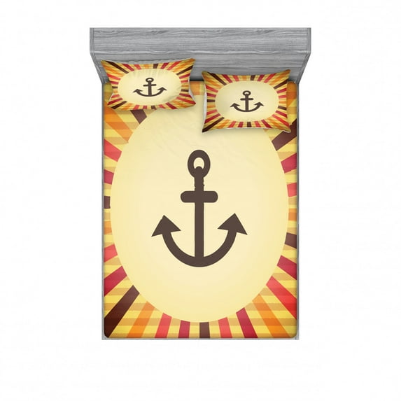 Anchor Bedding Set with Sheet & Covers, Vintage Pop Art Sailing Anchor on Colorful Background Security Safety, Printed Bedroom Decor 2 Shams, 4 Sizes, Cream Red Orange, by Ambesonne