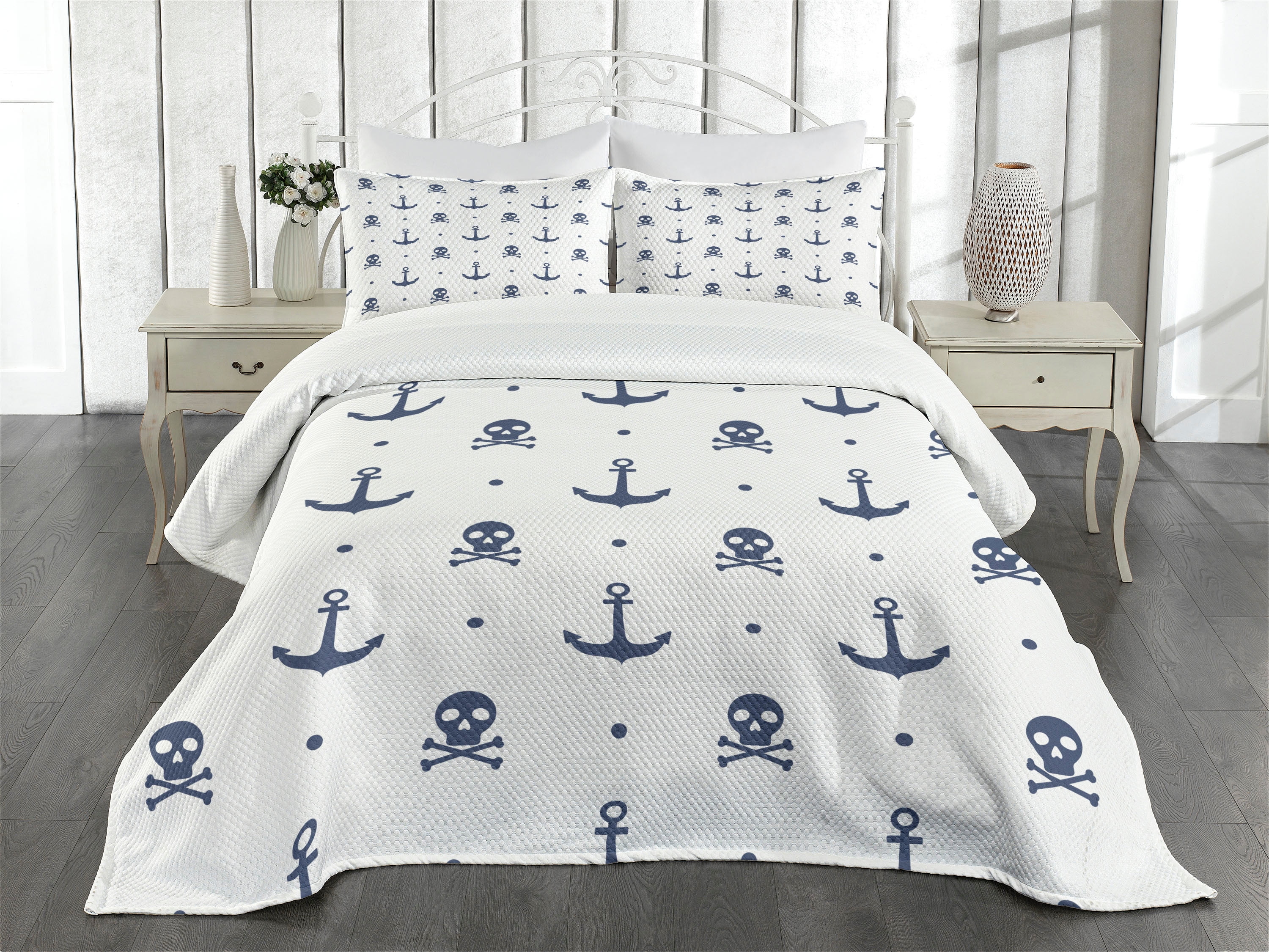 Anchor Bedspread Set Queen Size, Anchors and Skulls Crossed Bones Dots ...