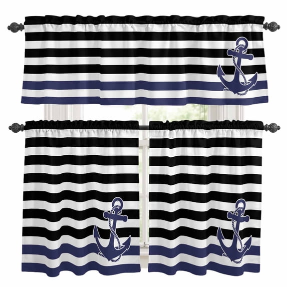 Anchor Black Kitchen Curtains Sets for Windows 24 Inch Length, Modern Navy Blue White Striped Nautical Rod Pocket Window Treatments Tier Curtains and Valances Set for Bedroom/Bathroom