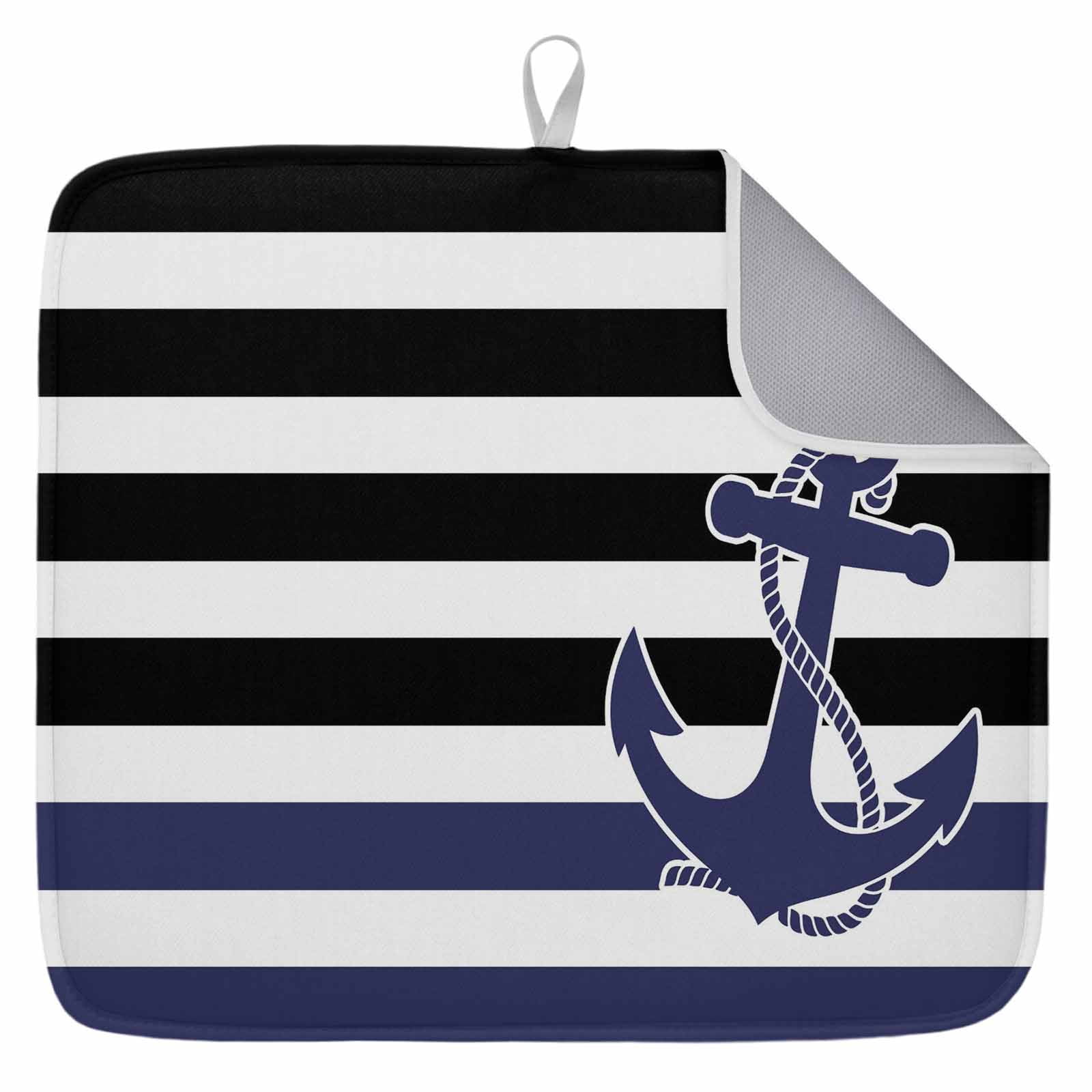 Anchor on Black Navy Stripes 1 Pack Dish Drying Mat,Absorbent Drying ...