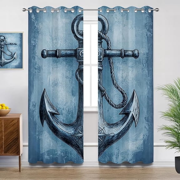 Anchor Blackout Curtains, Nautical Anchor Curtains for Bedroom Living Room, Room Darkening Thermal Insulated Grommet Drapes, Patterned Window Treatments 53"W x 96"L (Pack of 2)