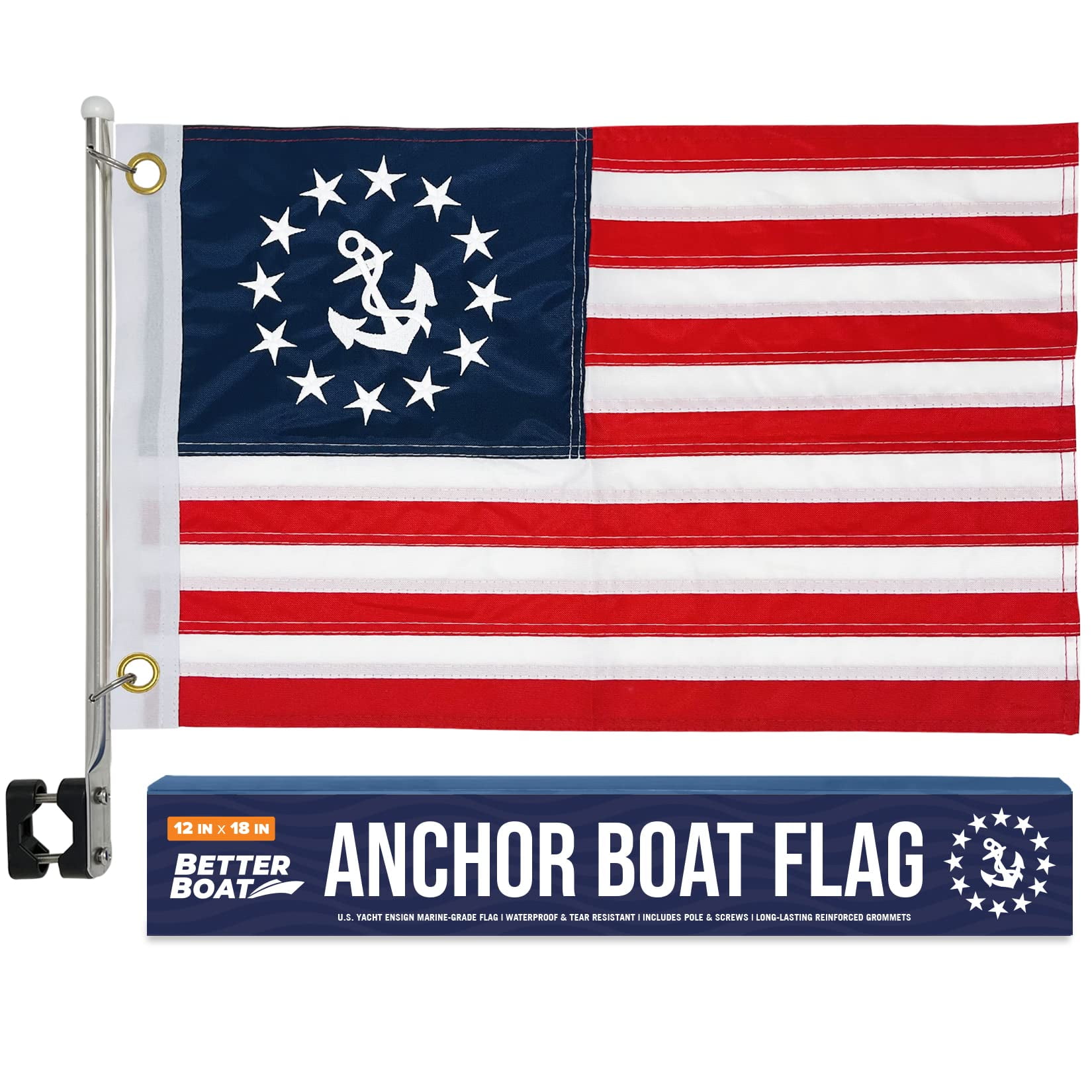 Anchor Boat Flag Pole Kit American Flag US 12" x 18" Small America Flags Set Double Sided Marine