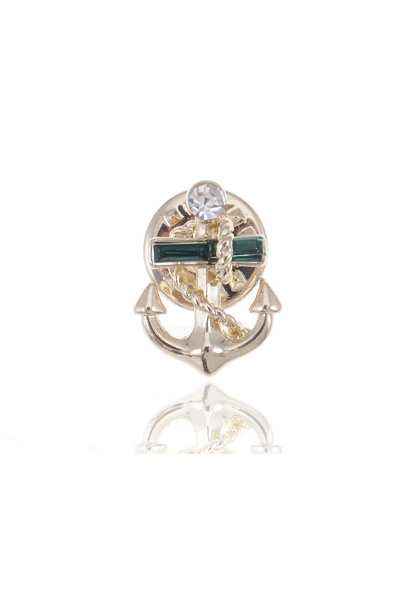 Anchor Brooch Pin Golden Tone Disk White Rhinestone for Gift