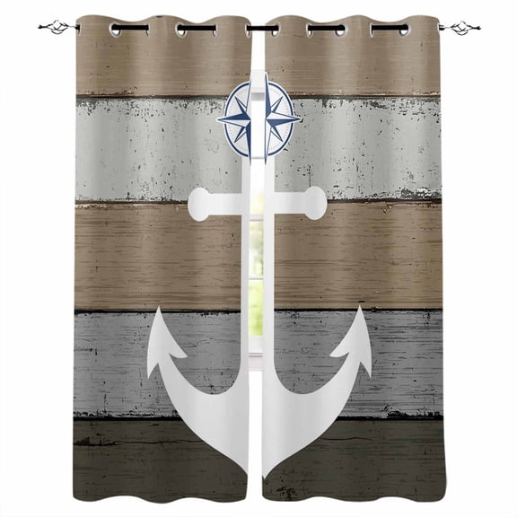 Anchor Brown Blackout Curtains 39 Inches Long,Thermal Insualted Grommet Curtains & Drapes,Nautical Grey Rustic Farmhouse Wood Grain Room Darking Curtains for Living Room Bedroom 2 Panels 27.5"W x39"L