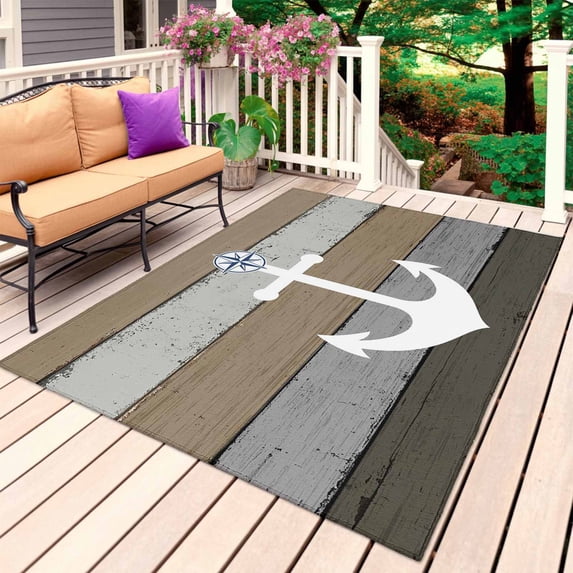 Anchor Brown Outdoor Rug 3x5 Ft, Non Slip Washable Area Rug, Nautical Grey Rustic Farmhouse Wood Grain Patio Rugs Carpet Runner, Large Floor Mat for Indoor/Outdoor Deck Porch Camping