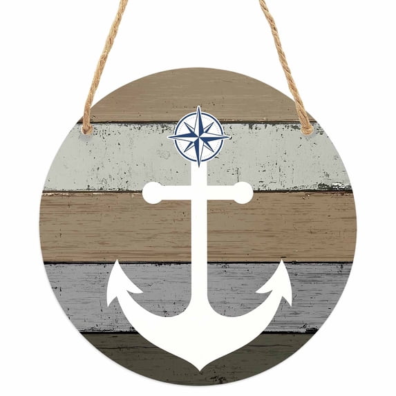 Anchor Brown Round Front Door Welcome Sign, 7.8 Inch Wall Hanging Decor for Indoor Outdoor, Nautical Grey Rustic Farmhouse Wood Grain Home Porch Hanger Decorations for Holiday Gift