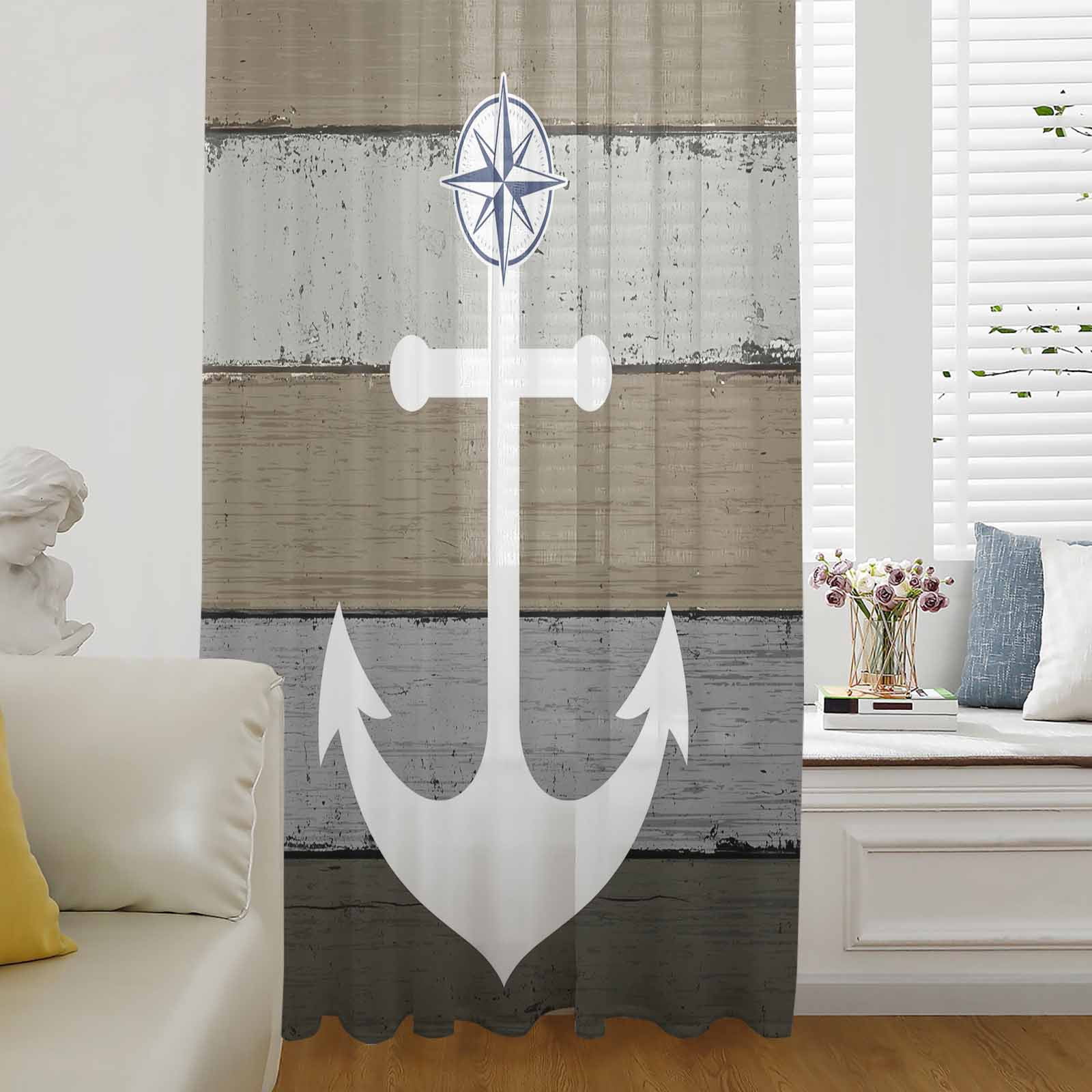 Rustic Drapery Anchor Brown Semi Sheer Curtains Drapes for Living Room, Bedroom ...