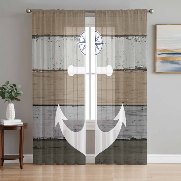 Anchor Brown Semi Sheer Window Curtains 72 Inches Long, Nautical Grey Rustic Farmhouse Wood Grain Rod Pocket Voile Silky Chiffon Curtain Light Filtering Drapes for Living Room, 52"x72", 2 Panels