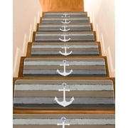 Anchor Brown Stair Treads Non Slip Runners Rugs, 4 Pcs Carpet for Stairs with Adhesive, Nautical Grey Rustic Farmhouse Wood Grain Stair Mats Pads Indoor Stair Treads for Wooden Steps 8x30