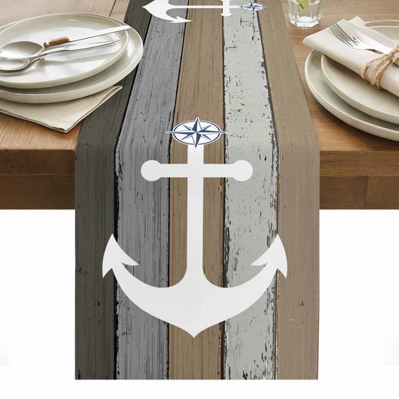 Anchor Brown Table Runner - 120 Inch Long, Kitchen Dining Table Runner Dresser Scarves, Nautical Grey Rustic Farmhouse Wood Grain Farmhouse Decor for Coffee Tables Wedding Party Banquet