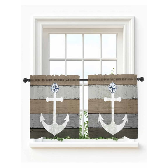 Anchor Brown Tier Curtains 24 Inch Length,Sheer Curtains for Bedroom Living Room Window Nautical Grey Rustic Farmhouse Wood Grain Voile Drapes Kitchen Curtains Small Half Window 27.5"x24" 2 Panels