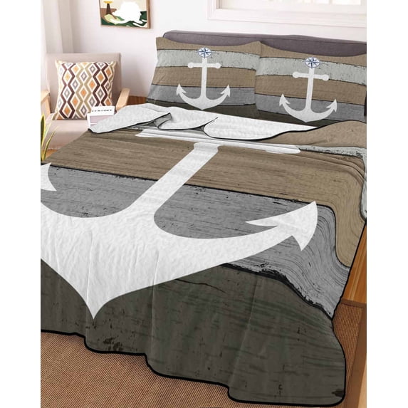 Anchor Brown Twin Size Down Alternative Comforter, Lightweight Comforter Quilt Bedding Set with Pillow Shams Nautical Grey Rustic Farmhouse Wood Grain All Seasons Bed Comforter Duvet Insert 68"x86"