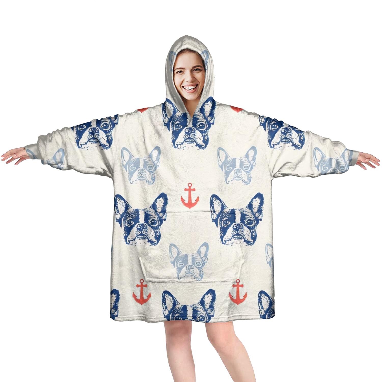 Anchor and Bulldog Dog Wearable Oversized Blanket,Wearable Blanket Hoodie for Adults,Cozy Hooded Blankets with Super Pockets,Super Warm Fuzzy Pullover for Women & Men