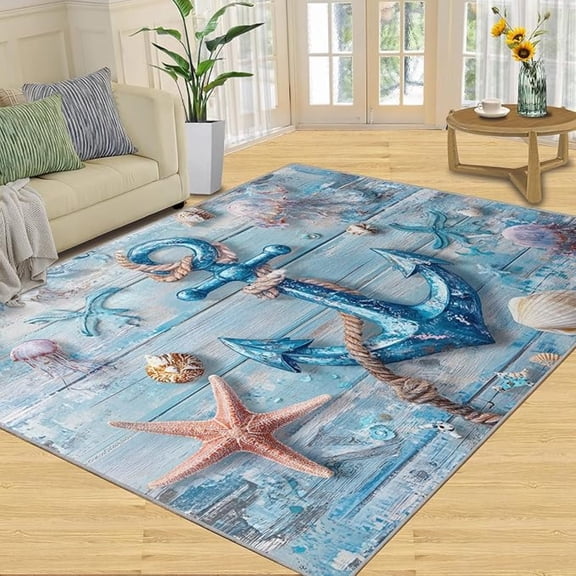 Anchor Carpet, Starfish Shells Coral Area Rugs for Bedroom, Wooden Stripes Design Rug, Low Pile Breathable Area Rugs for Living Room, Nautical Home Decor & Gifts ﻿ 3 x 5ft