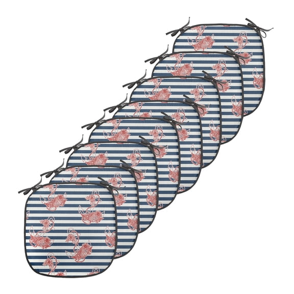 Anchor Chair Seating Cushion, Floral Anchor on Striped Surface Crescent Moon Modern Theme Art, Soft Seat Pads for Office with Anti-slip Backing, 16"x16", White Blue and Red, by Ambesonne