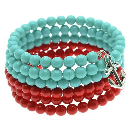 Anchor Charm Memory Wire Bracelet -Turq/Red - Exclusive Beadaholique Jewelry Kit