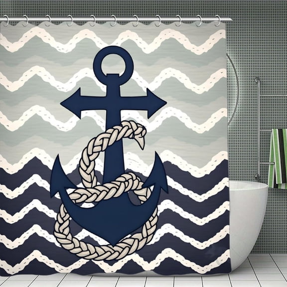Anchor Chevron Ocean Nautical Print Shower Curtain,Modern Fabric Waterproof Shower Curtain Set with Hooks,70.8×70.8Inch