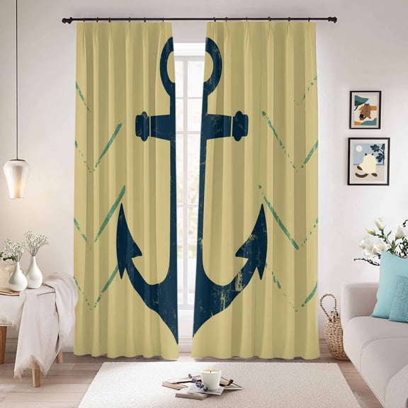 Anchor Coastal Blackout Curtains for Bedroom/Living Room, Pinch Pleated Black Out Curtains, Nautical Navy Blue Beige Ocean Room Darkening Window Drapes with Hooks 2 Panels, 59"x70"
