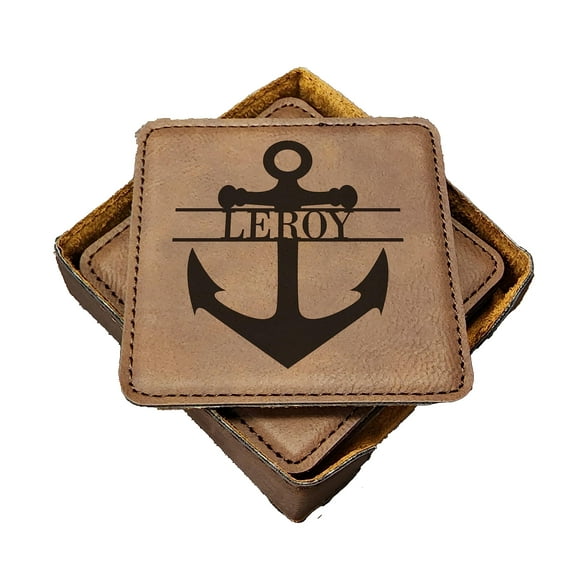 Anchor Coasters, Boat Coasters, Boater Gift, Handmade Coasters Set of 6 - Engraved Barware Decorations - Leather Bar Decor - Man Cave Father's Day Present