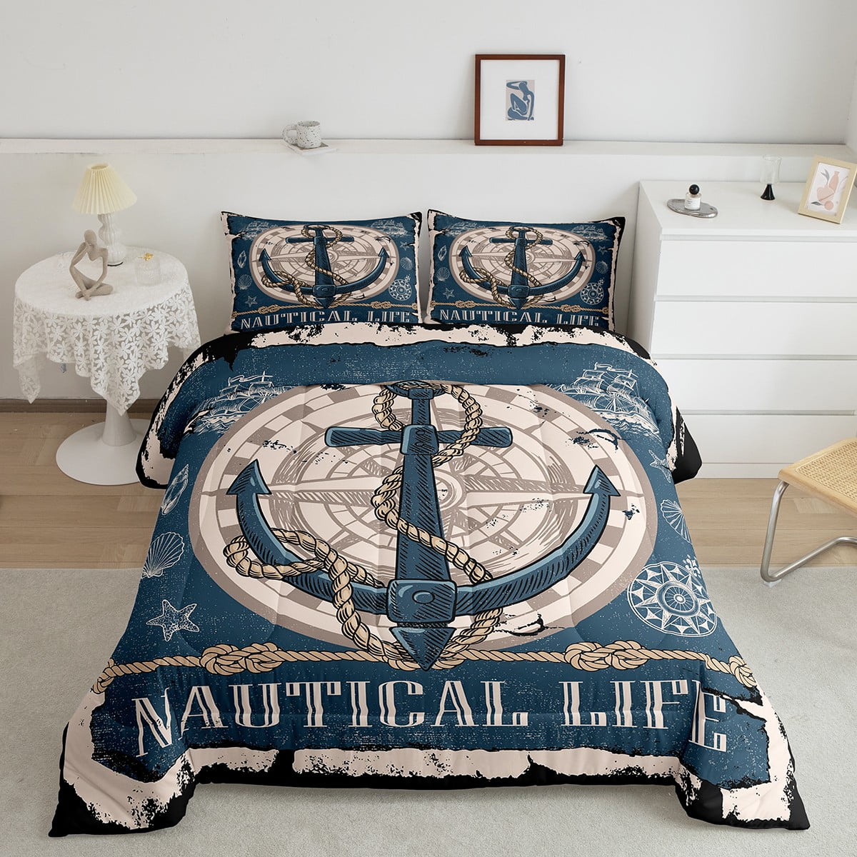 Anchor Comforter Set for Boys Men,Vintage Nautical Bedding Set for