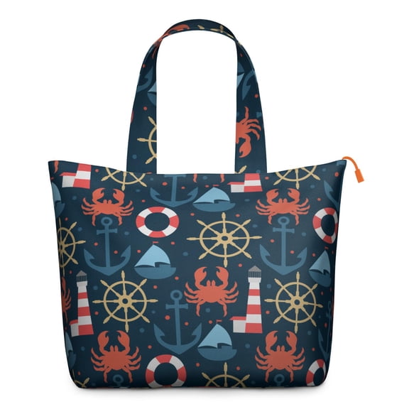 Anchor & Compass Themed Durable Shoulder Bag - Spacious Lightweight Travel Tote with Zippered Sections for College Students & Working Professionals