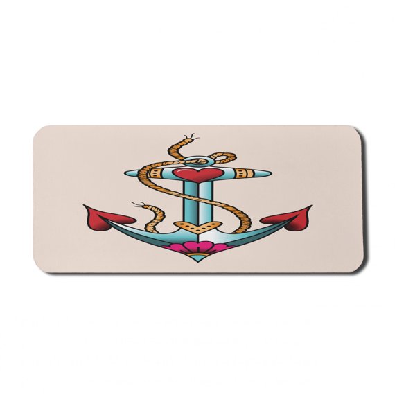 Anchor Computer Mouse Pad, Colorful Anchor Design with Rope and Heart Motifs Traditional Nautical Arrangement, Rectangle Non-Slip Rubber Mousepad X-Large, 35" x 15", Multicolor, by Ambesonne