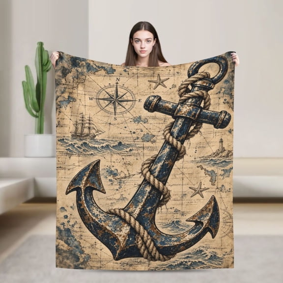 Anchor Cozy Blanket Nautical Compass Sailing Ship Lighthouse Map Gift for Nautical Lovers 50x40 in