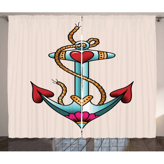 Ambesonne Anchor Curtains 2 Panel Set, Nautical and Hearts, 108" x 63", Multicolor