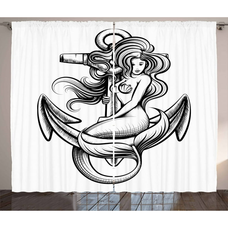 Anchor Curtains 2 Panels Set Monochrome Long Haired Mermaid Motif Tattoo Art Design Ancient Greek Folklore Window Ds For Living Room Bedroom 108w X 84l Inches Black And White By Ambesonne