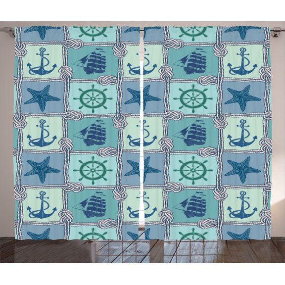 Ambesonne Anchor Curtains 2 Panel Set, Ships Wheel Turquoise, 108" x 84", Turquoise Navy