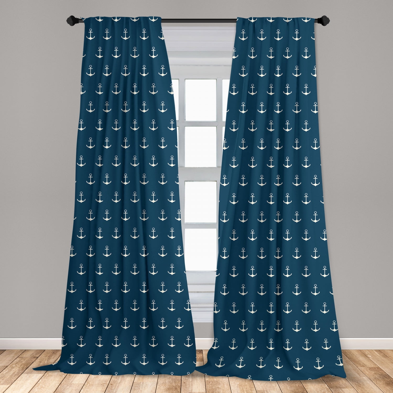 Anchor Curtains 2 Panels Set, Nautical Pattern with Classic Colors and