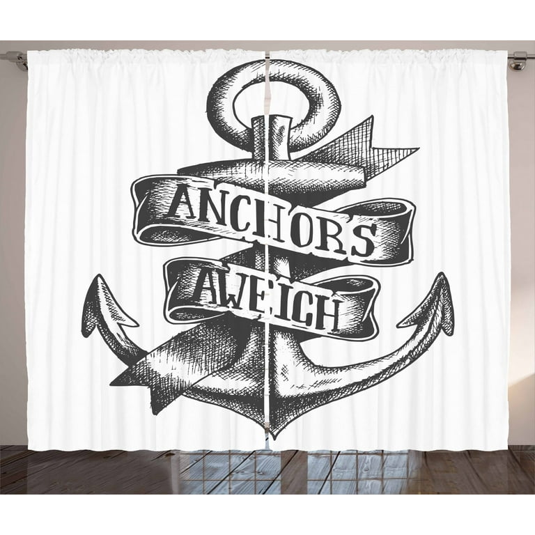 Anchor Curtains 2 Panels Set Tattoo Style Old Navy Symbol Sketch With Ribbon And Vintage Lettering Insignia Window Ds For Living Room Bedroom 108w X 90l Inches Black White By Ambesonne