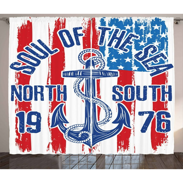 Anchor Curtains 2 Panels Set Vintage Design With Rope On Grungy American Flag Soul Of The Sea Art Window Ds For Living Room Bedroom 108w X 84l Inches Blue Red White