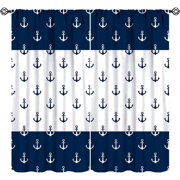 Anchor Curtains, Nautical Navy Blue White Stripes Geometric Anchor Ocean Adventure Window Treatments for Kids Boys Mens Bedroom Livingroom, 42x54 (No )