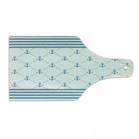Anchor Cutting Board, Blue Stripes Frame Abstract Lines and Chain Symmetrical Pattern, Decorative Tempered Glass Cutting and Serving Board, Wine Bottle Shape, Slate Blue White, by Ambesonne